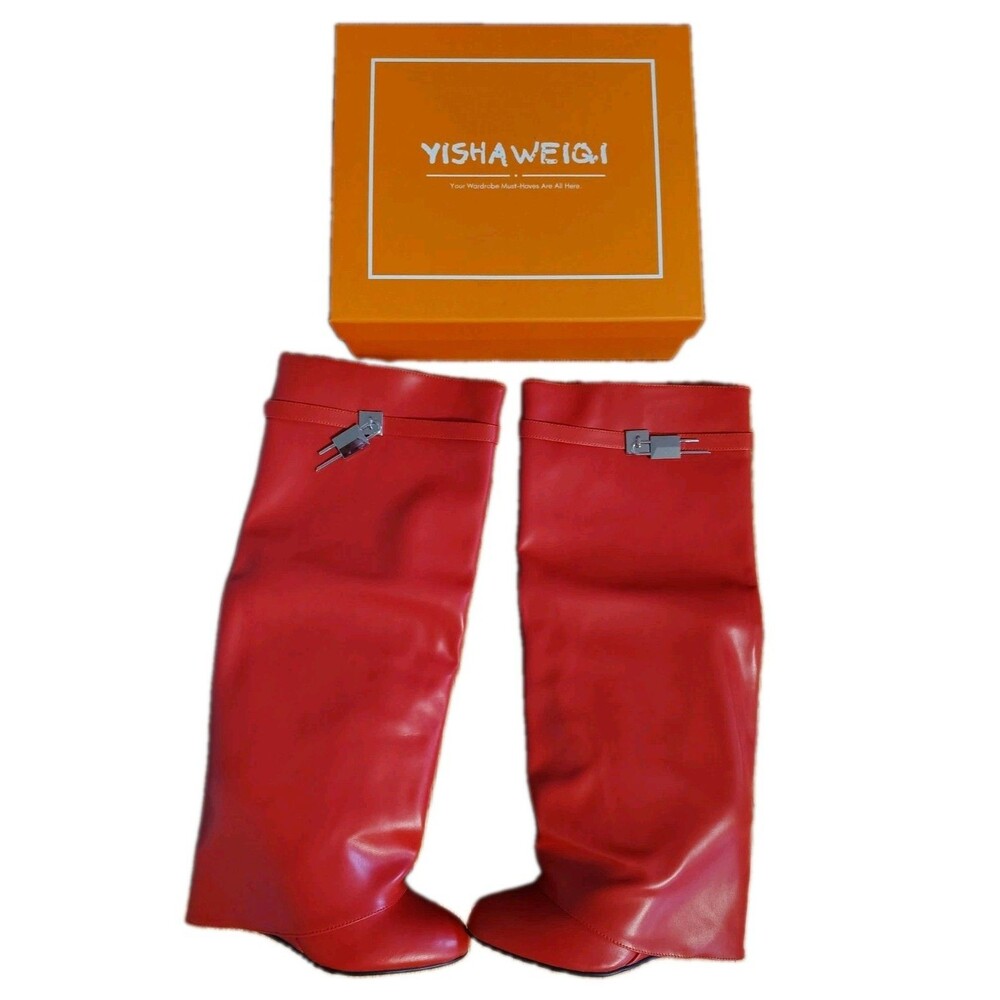 Yishaweiqi Red Fold Over Wedge Boots Knee High Wide Calf Silver Lock Size 8.5...